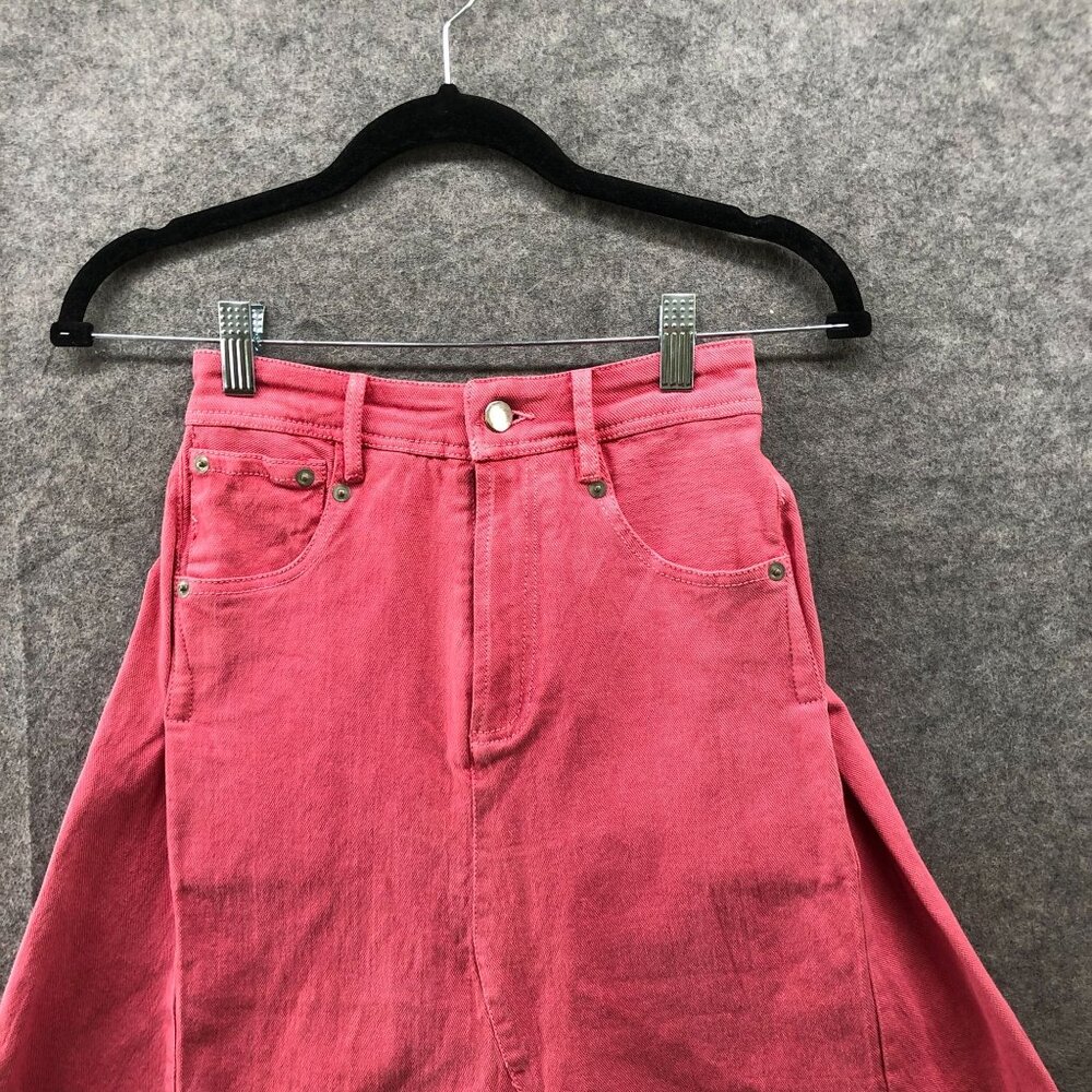Free People FP One Peyton Midi Skirt Womens 0 Pink Denim Frayed A-Line - Picture 3 of 9